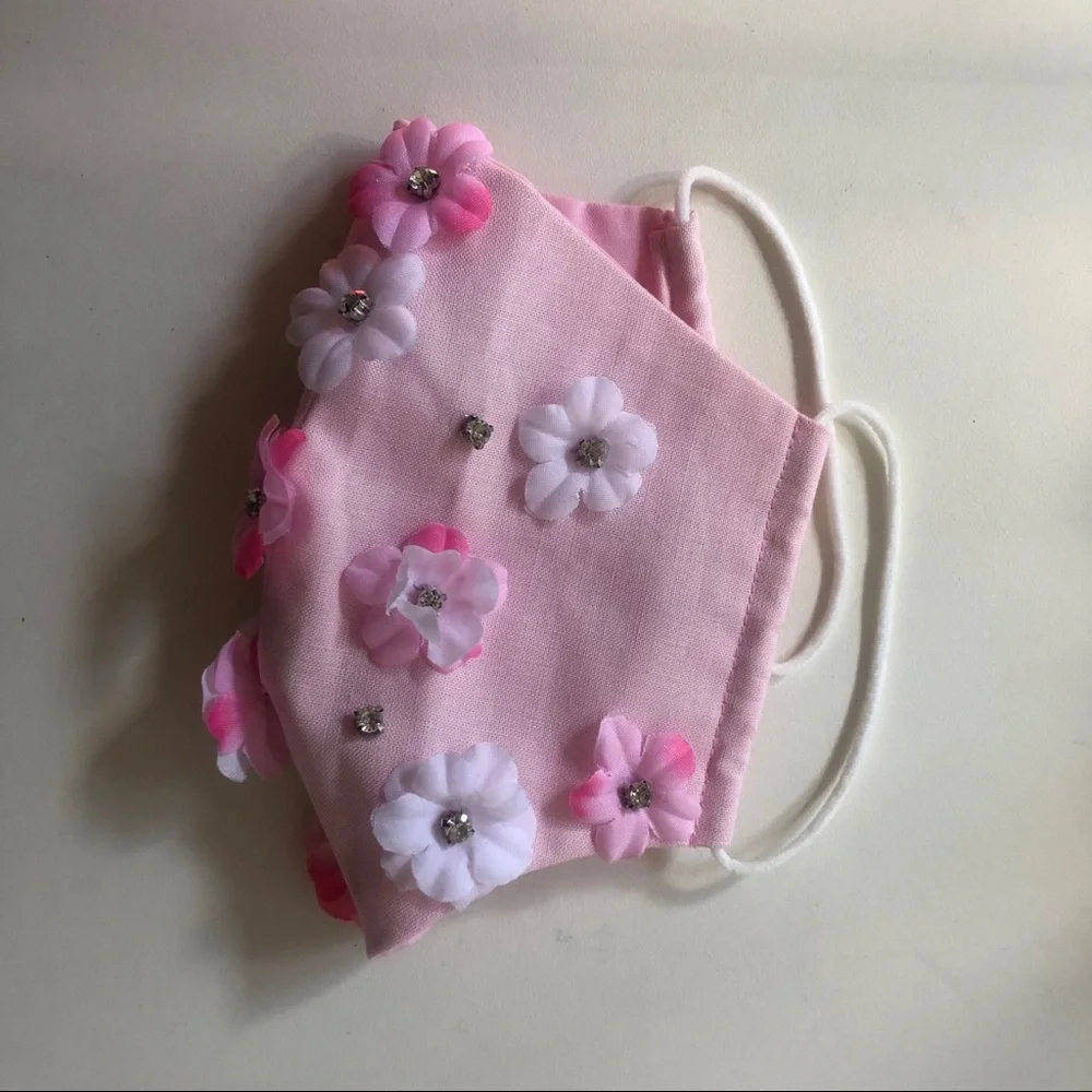 Handmade pink floral crystal embroidery face mask
